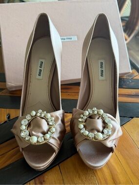 Miu Miu Satin Peep-Toe Pumps with Pearl & Crystal Buckle in Blush Pink